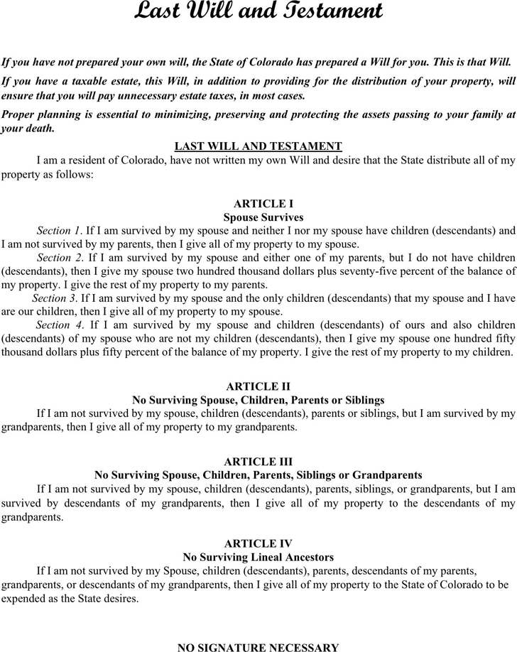 Free Colorado Last Will And Testament Form PDF 22KB 1 Page s 