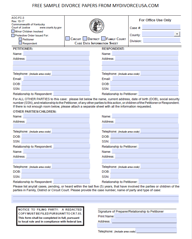 Printable Online Kentucky Divorce Papers Instructions